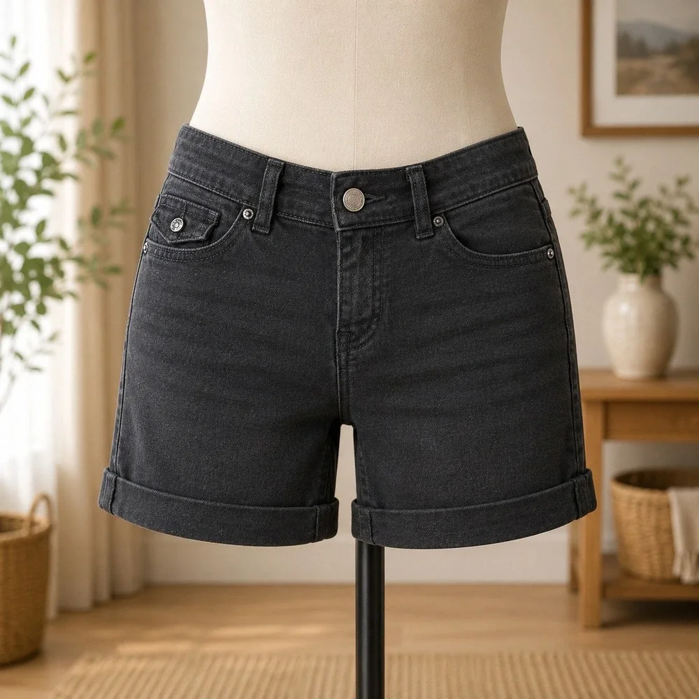 No Boundaries Denim‎ Shorts Womens 7 Black Embroidered Beaded Back Pocket Cuffed